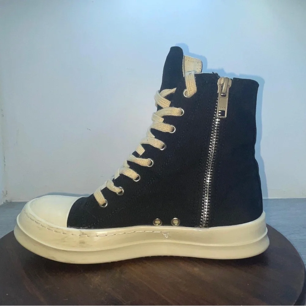 Rick Owens Black White Canvas High-Top Sneakers Lace Up Zipper Size 40